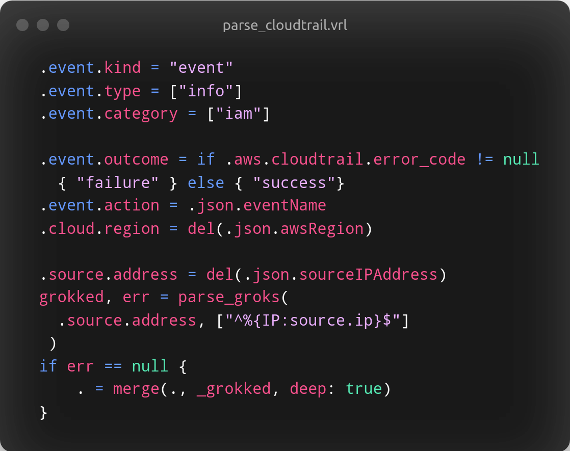 An example Matano log transformation script normalizing Cloudtrail logs using Vector Remap language